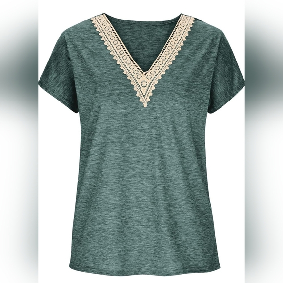 ☆3\35$ | Teal Green Boho Short Sleeves Lace Trim V Neck Loose Fit Top in Size L - Picture 3 of 10